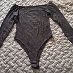 H&M Black Sparkle Mesh Boat Neck Body Suit Medium