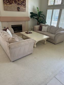 2 micro fabric couches, expandable coffee table