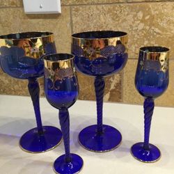 BOHEMIAN CZECH COBALT BLUE- 24 karat gold plated and hand painted 2 Size glasses. New not used but no box