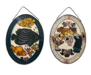 Set x2 Stained Glass Hanging Wall Art Kissing Couple Fish Wind Chime Suncatcher