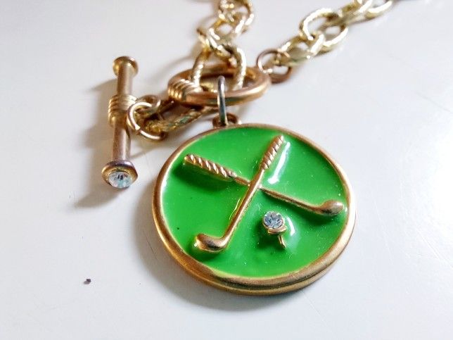 15" Green and Gold Golf Putter Pendant Necklace with Crystal Accent Golf Ball Marked FORNASH on a Gold Link Chain. Fashionable Costume Jewelry. Pre- o