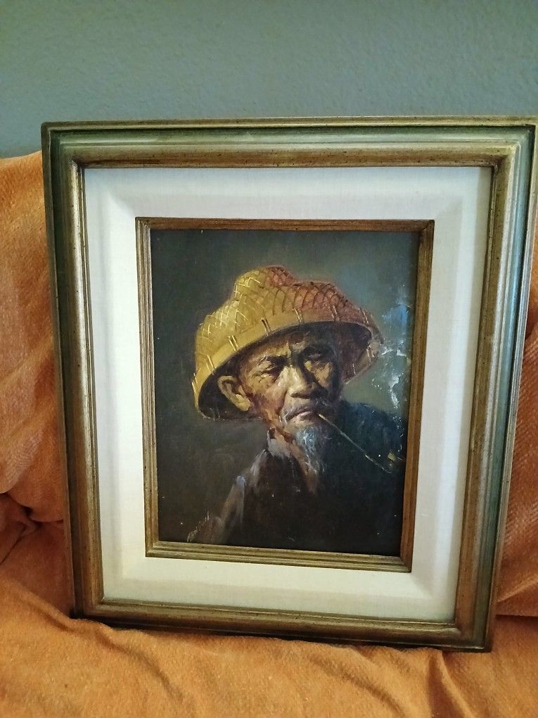 Vintage Framed Print On Canvass Elderly Asian Man With Pipe & Conical Hat