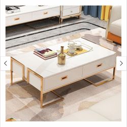 Modern Rectangular Coffee Table with Drawers and Metal Legs 4 Drawers, Gold and White