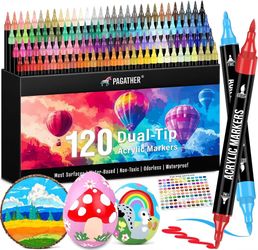 Pagather 120 Colors Acrylic Paint Markers, Dual Tip Fine Tip and Brush Tip Pens Contain 24 Metallic Color for Fabric, Stone, Wood, Canvas, Ceramic, Me