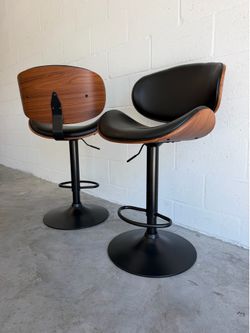 Two Adjustable Height Stools — Mid Century Modern — Black Faux Leather & Engineered Wood!