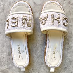 Chanel CC 2021 Chain Pool Tweed Cork Heels Mule Sandals Slides Shoes