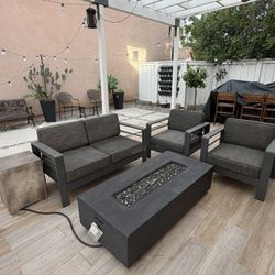 Outdoor Fire Pit & Patio Furniture Set (Couch + 2 Chairs + Propane Tank Cover)