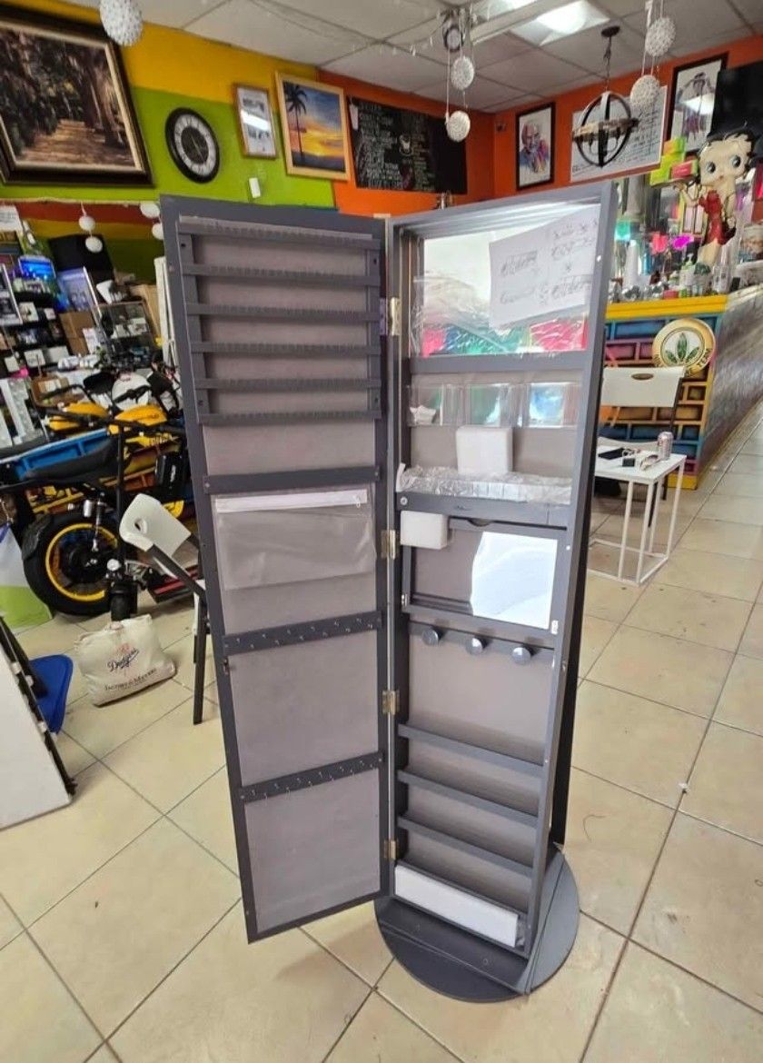 LED Light Jewelry Cabinet with Full Length Mirror 360° Swivel, Large Jewelry Organizer Armoire Locka