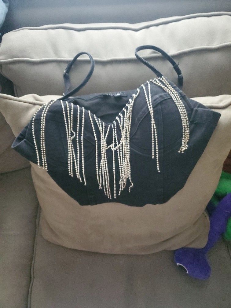 Spaghetti Bralette W/ Fringe Rhinestone