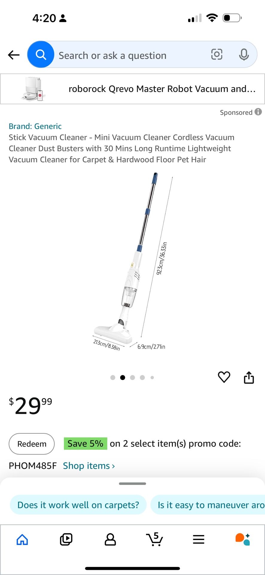 Stick Vacuum Cleaner - Mini Vacuum Cleaner Cordless Vacuum Cleaner Dust Busters with 30 Mins Long Runtime Lightweight Vacuum Cleaner for Carpet & Hard