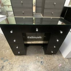 Black Vanity Desk With Glass Top And Crystal Knobs 