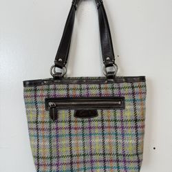 COACH Penelope Wool Tattersall Tweed Leather Trim Tote Shoulder Hand Bag Top Zip