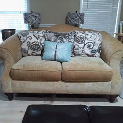 Three Pieces Beautiful Camel/Beige Living Room Set. With A Large Coffee Table.