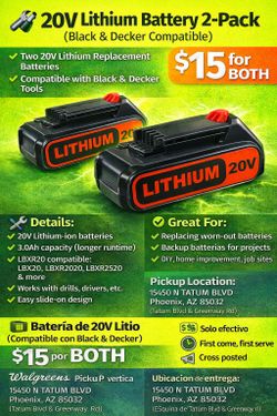 🔋 20V Lithium Battery 2-Pack (Black & Decker Compatible) – $15 for BOTH