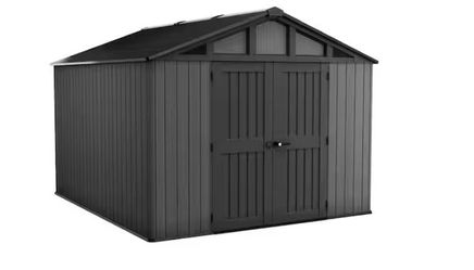 Keter Stronghold 10 ft. W x 11.5 ft. D Resin Plastic Shed with Floor (150 sq. ft.) in Grey NEW