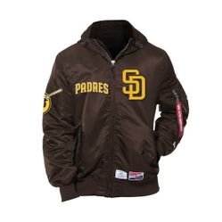 alpha industries l-2b new era padres hooded bomber jacket