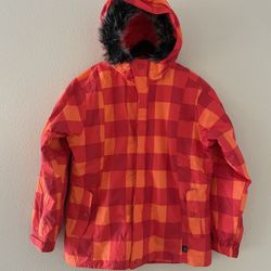 REI Waterproof Hooded Ski Jacket Orange Plaid Kids Girls Size Large (14-16)