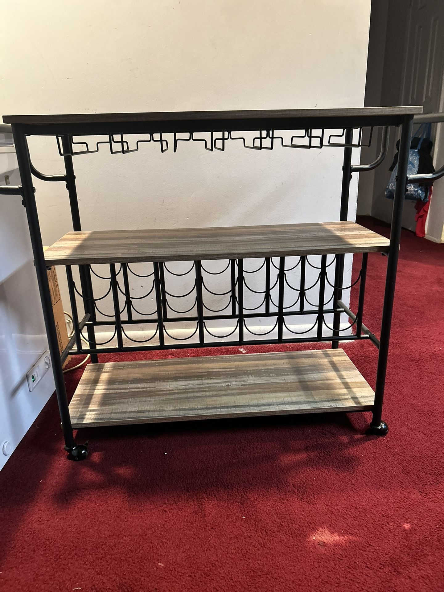 45in Industrial Wood Shelf Bar & Wine Storage Service Cart Trolley w/ 14 Bottle & 18 Glass Racks, Locking Caster Wheels