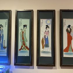 4 Vintage Wall Chinese Hand Painted Portrait Ceramic Art
