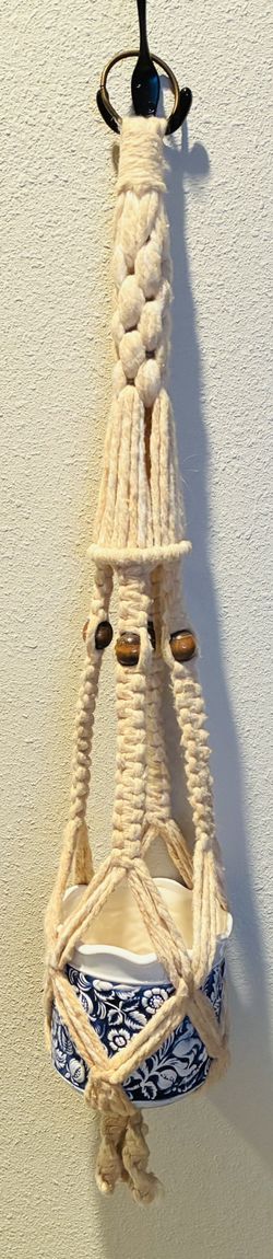Woven Plant Hanger w/Beads and Ceramic Vase. 36” Tall.