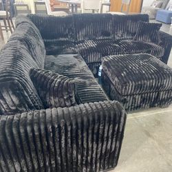 Black Sectional With Ottoman - Soft Fur Like Corduroy