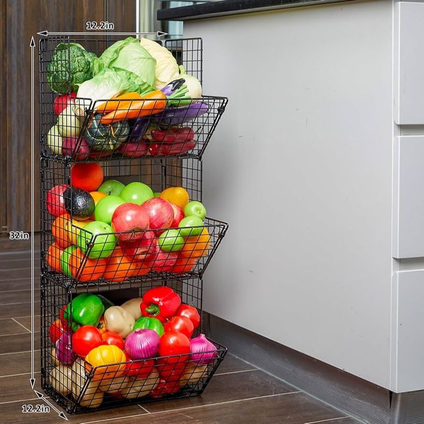(3033) Metal Wire Basket Wall Mount, 3 Tier Wall Storage Basket Organizer with Chalkboards Hooks, Kitchen Fruits and Vegetables Produce Bin Rack Toys 