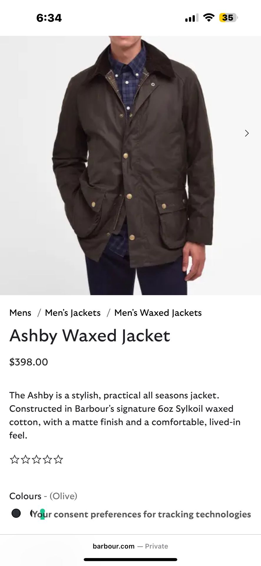 Barbours Ashby Waxed Jacket Size Medium