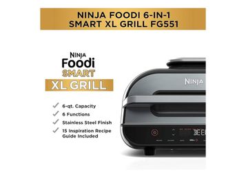 Ninja Indoor Grill, Foodi Smart XL 6-in-1 Indoor Grill with Air Fry, Roast, Bake, Broil & Dehydrate, Smart Thermometer, Black/Silver, FG551