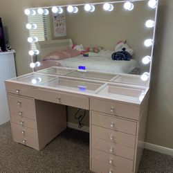 Makeup Vanity PINK  Glass top with Bluetooth Mirror / price includes delivery and assembly, Financing  available 