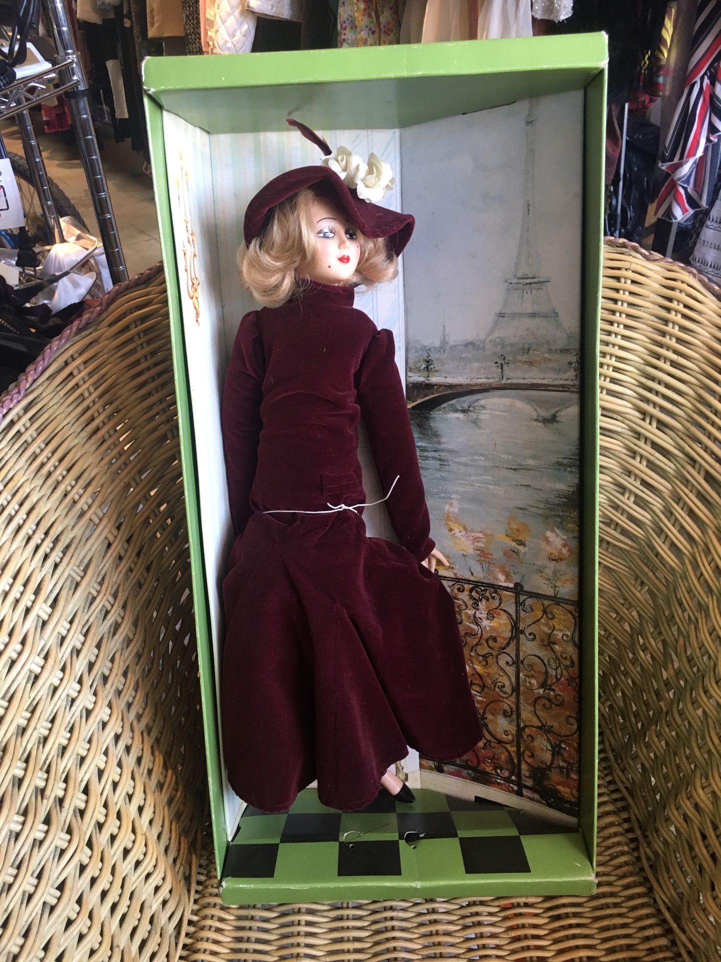 Vintage Zanini & Zambelli Lady Doll Boudoir with Paris Background in Original Box Nouvelle Vogue