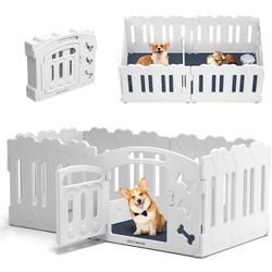 Dog Playpen with Door & Whelping Box, 6-Panel Lightweight Plastic Fence for Small to Medium Pets, Indoor/Outdoor Use, Portable, Durable, Non-Slip, Eas