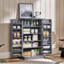 Storage Cabinet, Kitchen Pantry Cabinet with Door and 6 Adjustable Shelves, Storage Organizer for Living Room, Laundry, Bathroom, Gray