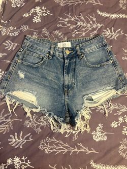 Rise Supply Co. Distressed Frayed Acid Wash High-Waisted Denim Shorts