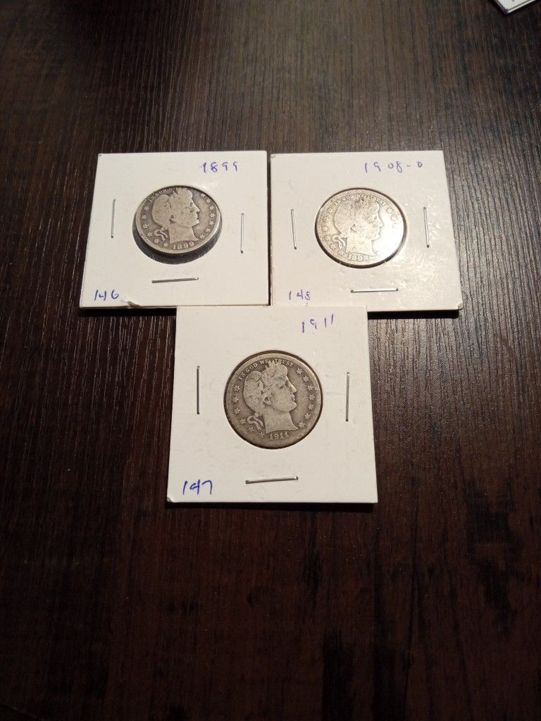 Three Barber Quarter Dollar 1911, 1908 O, 1899