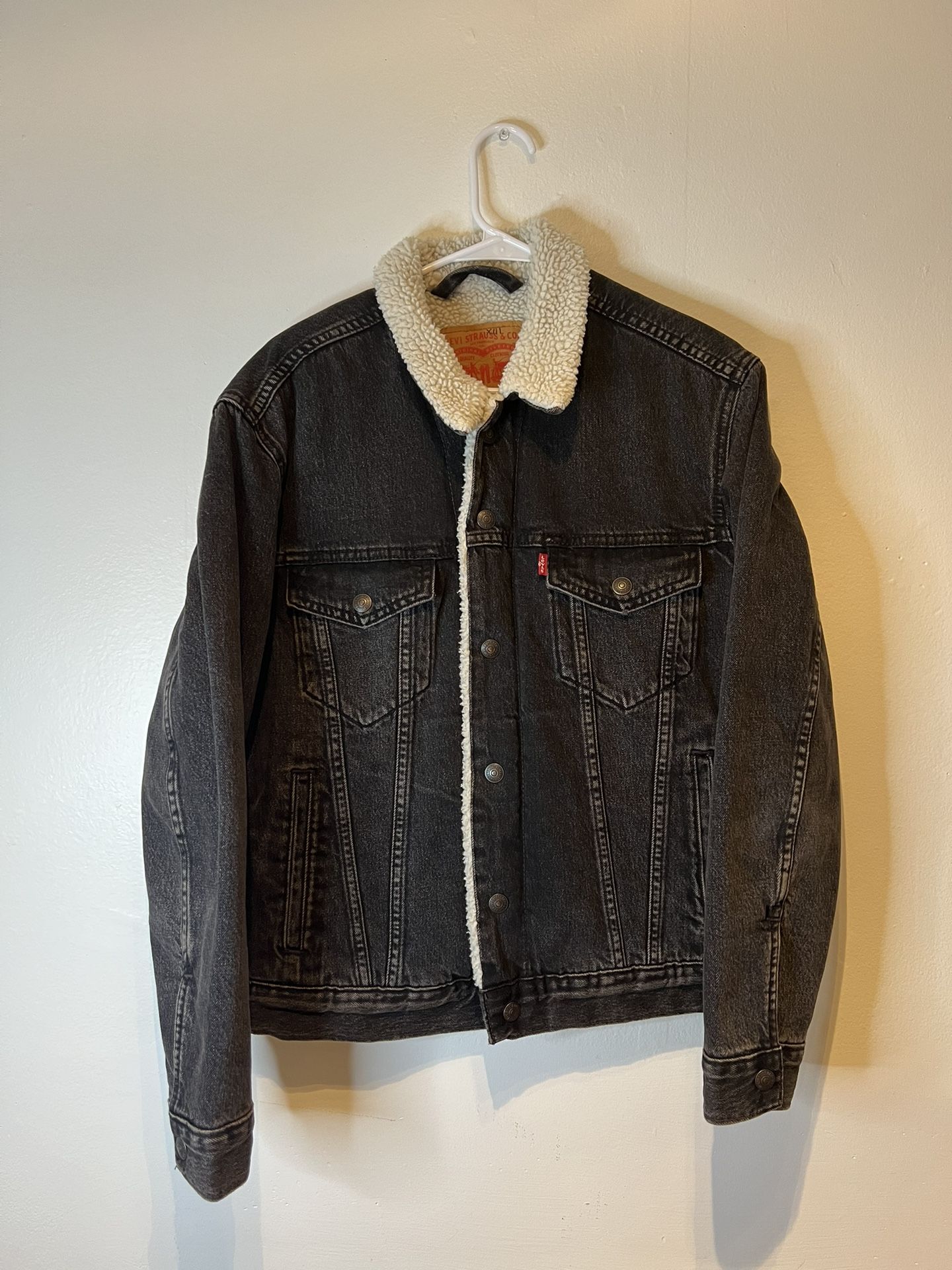 Levis Sherpa Trucker Jacket Mens S Grey Faded Denim Faux Fur Lining
