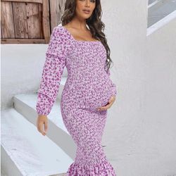 Maternity Summer Floral Midi Bodycon Dresses, Long Puff Sleeve Square Neck Ruffle Hem Mermaid Baby Shower Dress
