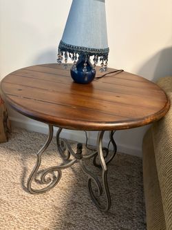 2 Round Wood Top End Table with Metal  Base