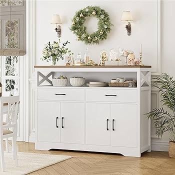 47" Modern Farmhouse Sideboard Buffet Cabinet, Wood Buffet Storage Cabinet with Drawers & Shelves, Large Coffee Bar with Storage, Microwave