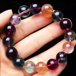 13.4mm Natural Rainbow Clear Fluorite Quartz Crystal Beads Bracelet AAAA