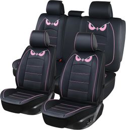 PTOWL Cartoon Full Set PU Leather Universal Fit 5 Seats Black and Pink
