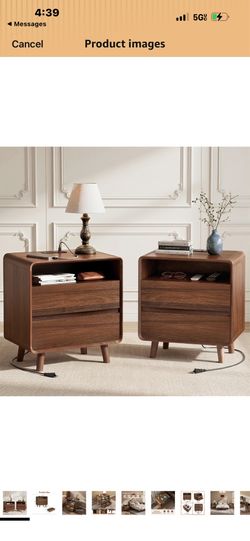 Nightstand Set of 2, Wooden Nightstand with Drawers for Bedroom, Bed Side Table with Storage Shelf, End Table with Charging Station for Living Room