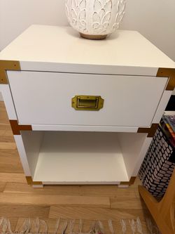 White Campaign-Style Nightstand with Brass Hardware