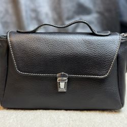 Black Genuine Leather Top Handle Crossbody Mini Messenger Bag With Strap