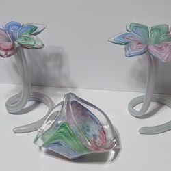 Set of 3 Murano-Style Art Glass Flower Sculptures – Multicolor Swirl Pedals & Dish

