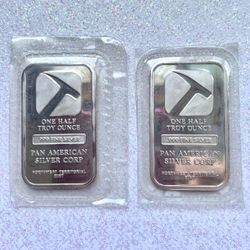 2 X 1/2 Troy Ounce 0.999 Fine Silver Bar Pan American Silver Corp Bullion Sealed