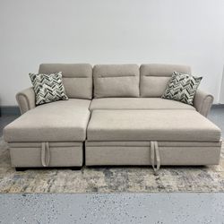Light Gray Linen Sleeper Sofa with Pullout & Reversible Storage Chaise