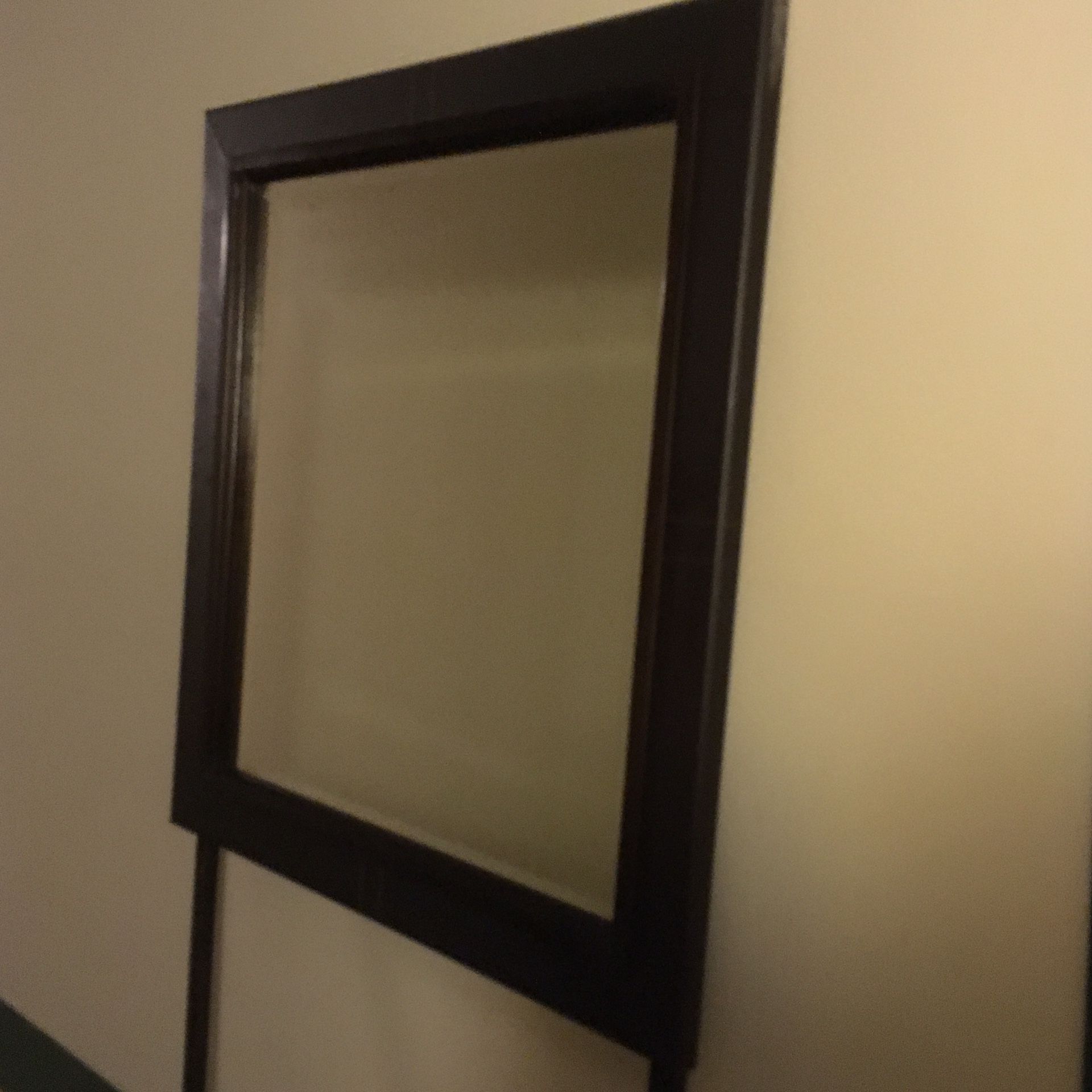 Dark chocolate brown faux leather and wood mirror