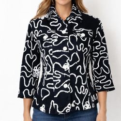 Life Style Petite Black & White Abstract Squiggle Embroidered Cotton Jacket PM