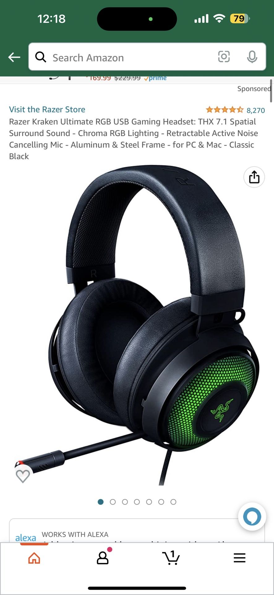 Razer Kraken Ultimate RGB USB Gaming Headset: THX 7.1 Spatial Surround Sound - Chroma RGB Lighting - Retractable Active Noise Cancelling Mic - Aluminu