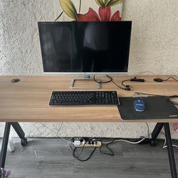 Computer Desk Table Size 60 X 24, HP 27 inch flat monitor, USB keyboard and mouse, usb mouse pad with LED lights, usb plantronics headset with mic